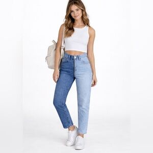REVICE Yin Yang Two-Tone Blue full zip front to back crop 5 pocket Jeans Sz 28